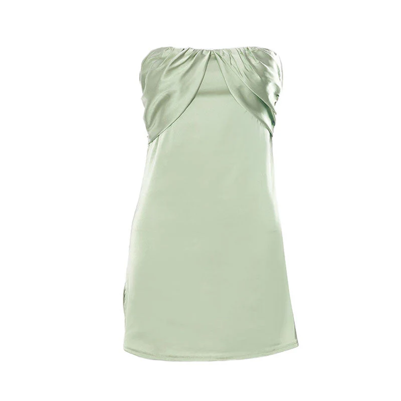 Glossy Ruched Trim Side Split Strapless Bodycon Mini Dress - Green - Image 3