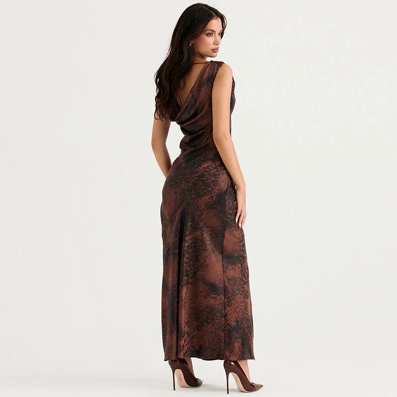 Glossy Satin Abstract Print High Split Cowl Neck Sleeveless Maxi Dress - Brown - Image 3
