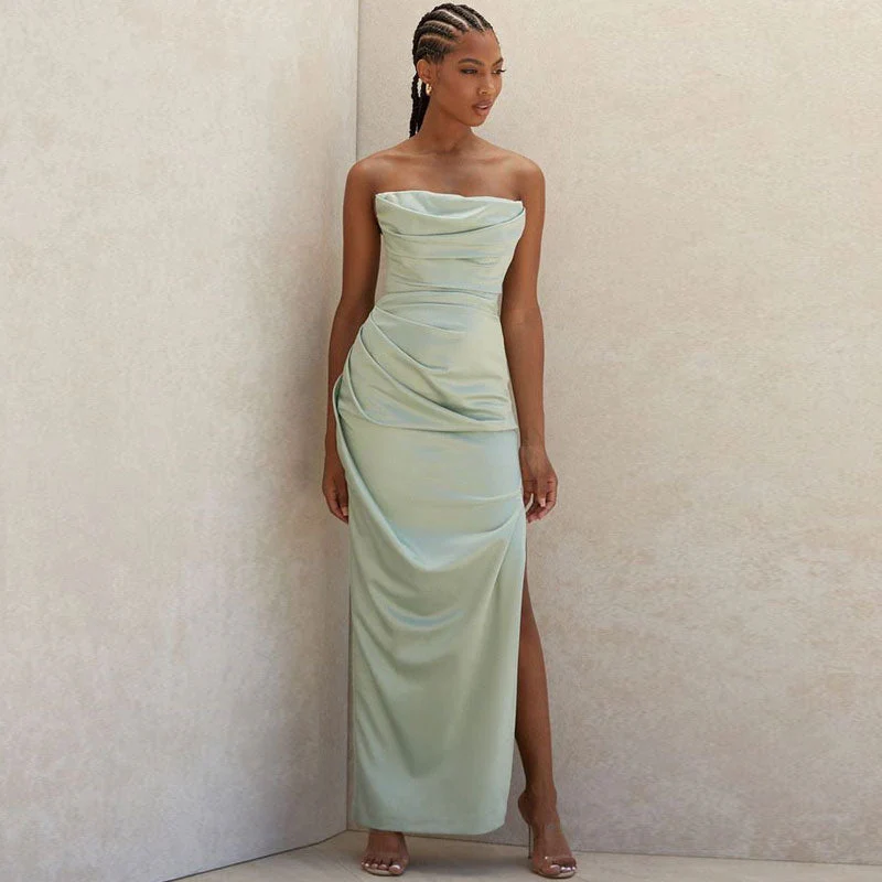 Glossy Satin Cowl Neck Strapless Slit Maxi Evening Dress - Green - Image 2