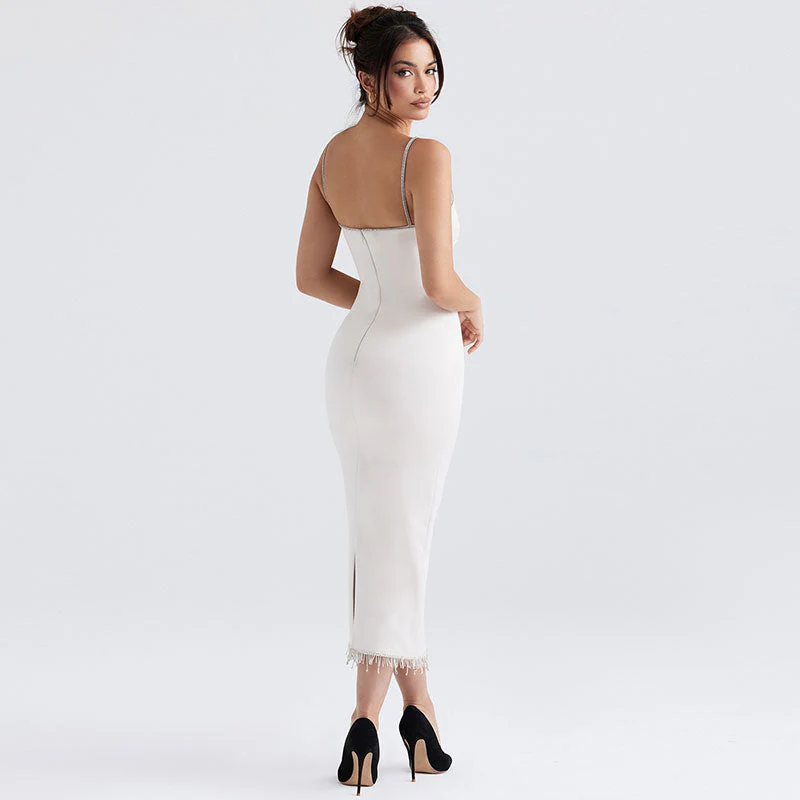 Glossy Satin Crystal Fringe Boat Neck Bodycon Cocktail Midi Dress - White - Image 3