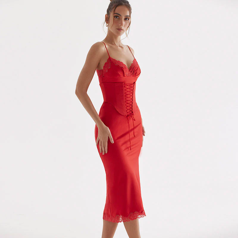 Glossy Satin Fishtail Lace Up Belted Lace Trim Bodycon Slip Midi Dress - Red - Image 2