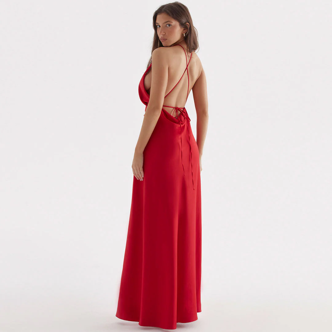 Glossy Satin High Split Sleeveless Backless Evening Maxi Dress - Red - Image 3