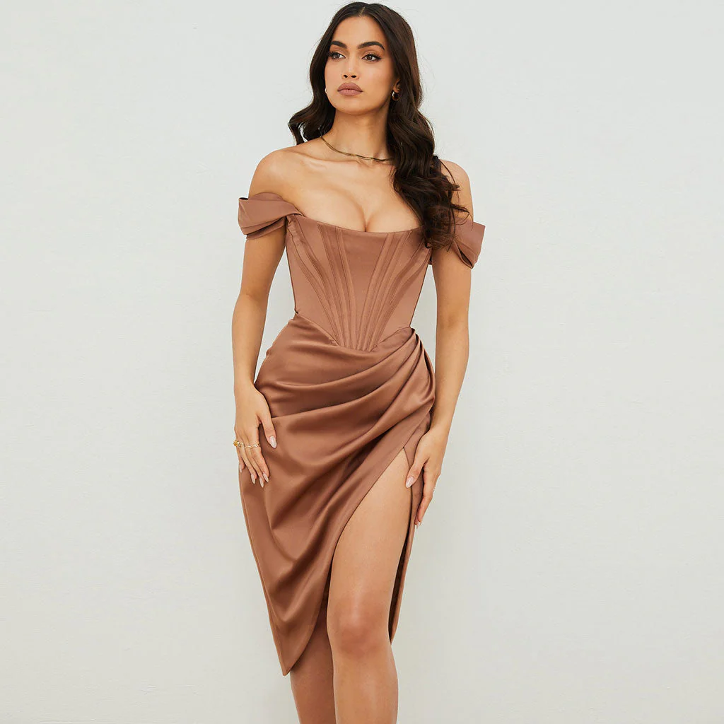 Glossy Satin Off Shoulder Draped Corset Cocktail Midi Dress - Chocolate - Image 2