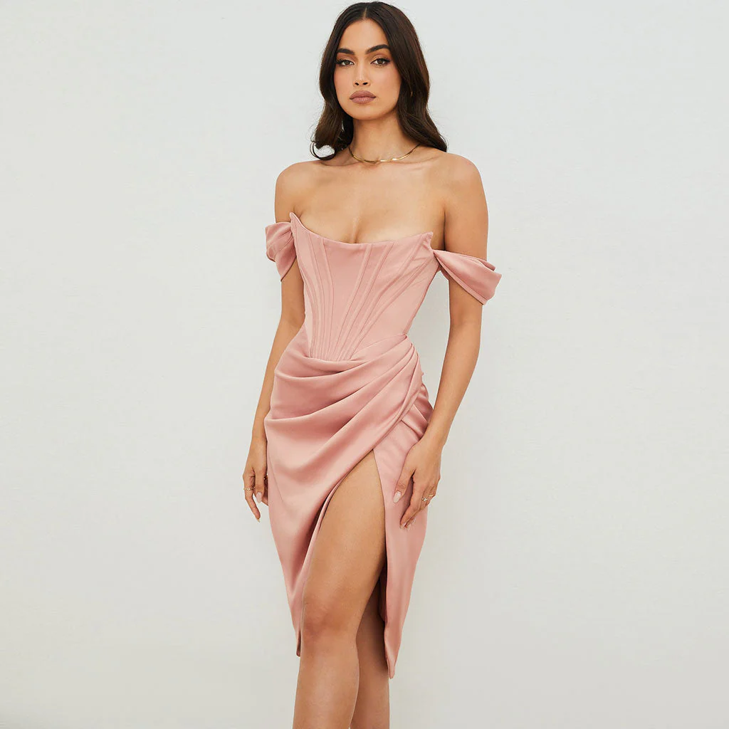 Glossy Satin Off Shoulder Draped Corset Cocktail Midi Dress - Pink - Image 2