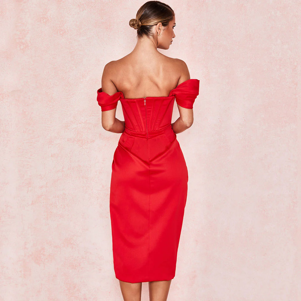 Glossy Satin Off Shoulder Draped Corset Cocktail Midi Dress - Red - Image 3