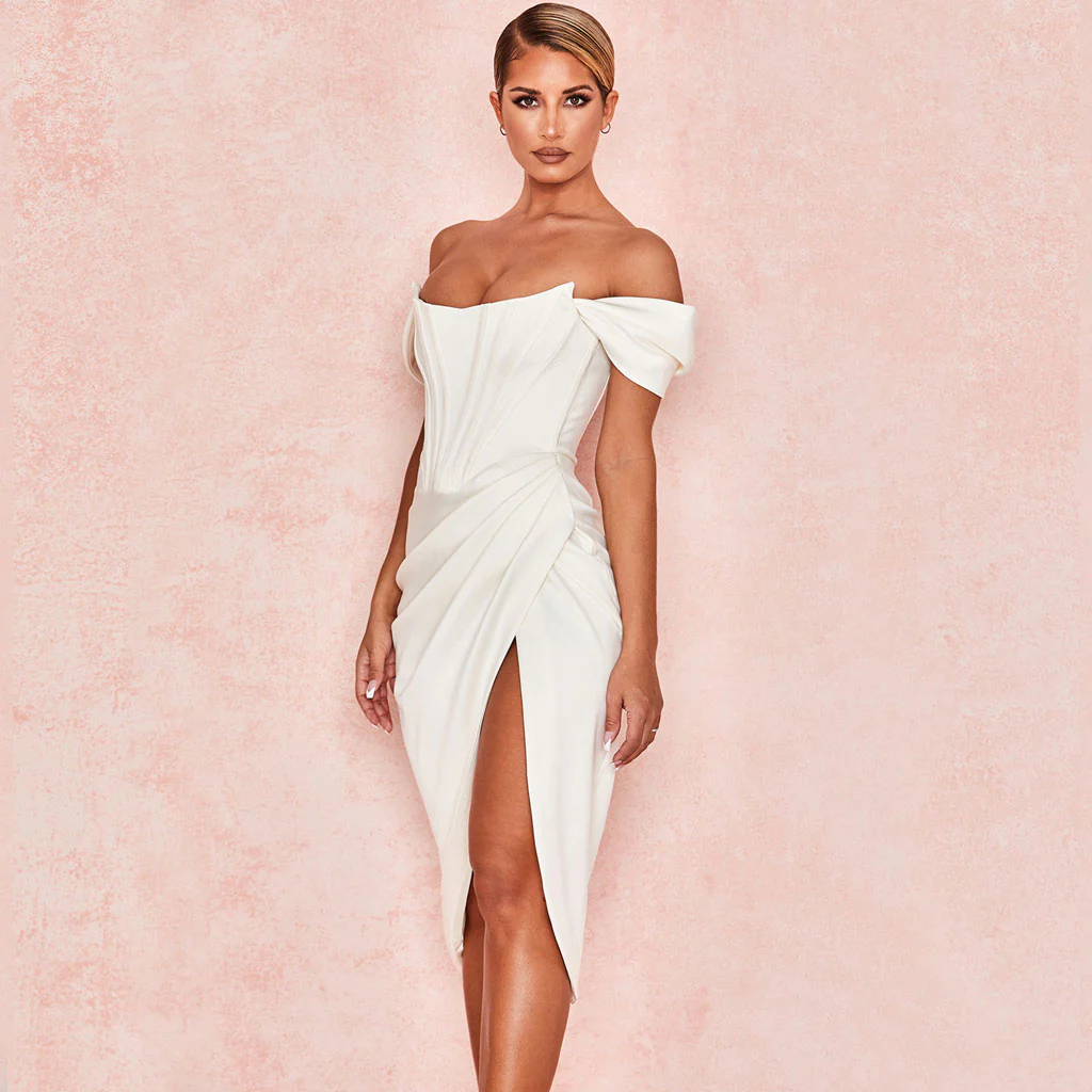 Glossy Satin Off Shoulder Draped Corset Cocktail Midi Dress - White - Image 3