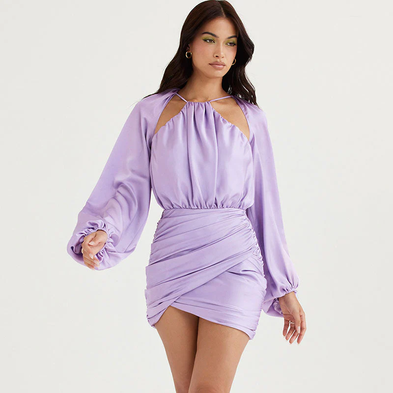 Glossy Satin Ruched Bishop Sleeve Halter Backless Mini Dress - Purple - Image 2