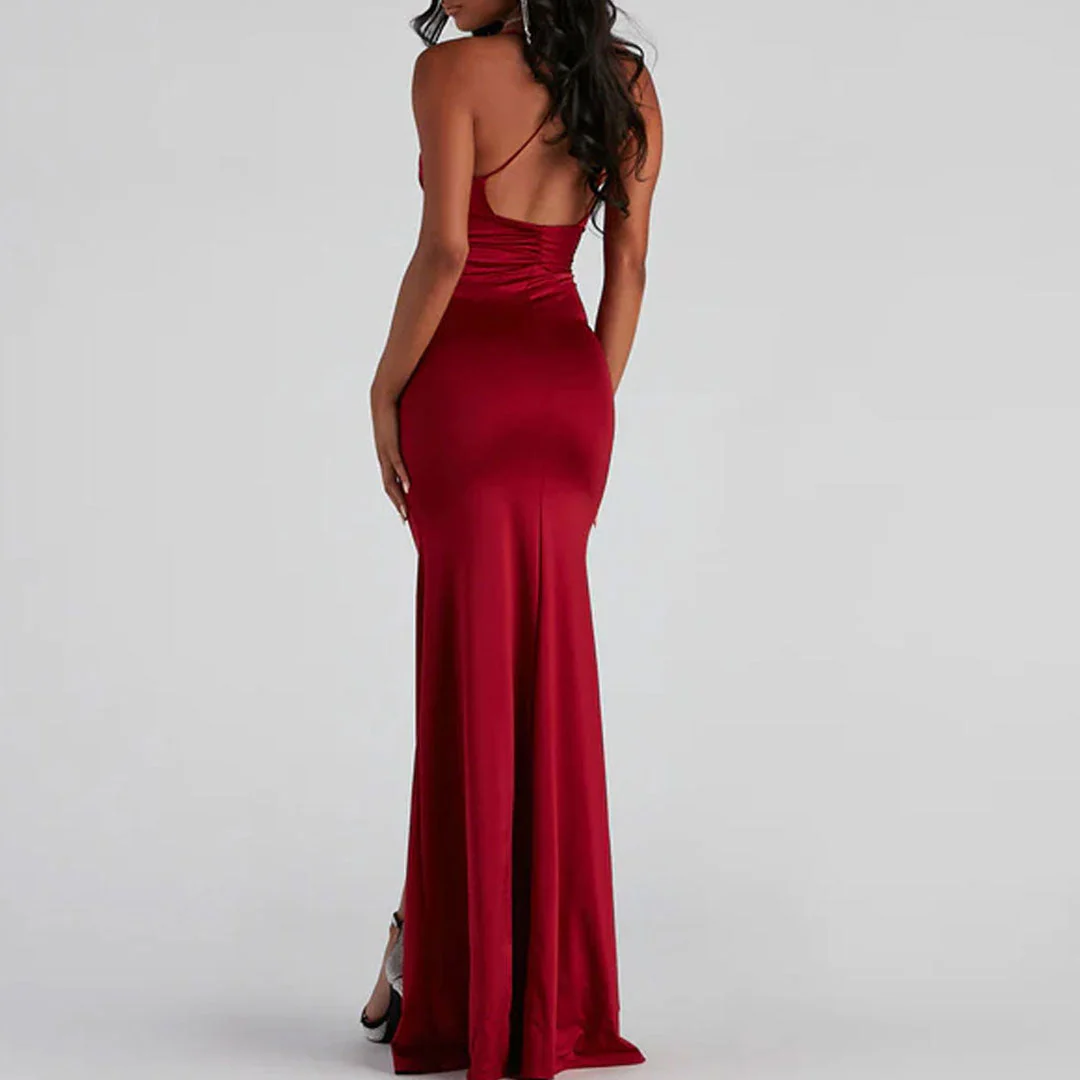 Glossy Satin Ruched Deep V High Slit Backless Maxi Dress - Red - Image 3