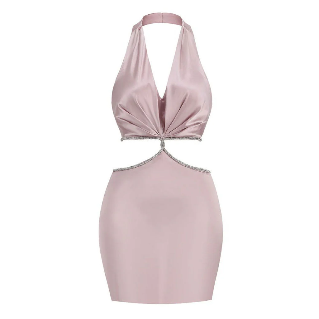 Glossy Satin Ruched Halter V Neck Sleeveless Crystal CutOut Mini Party Dress
