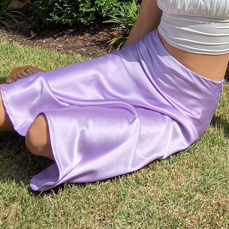 Glossy Satin Side Zipper Fishtail Trim High Waist Midi Skirt - Lilac - Image 3