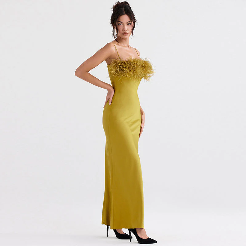 Glossy Satin Solid Color Faux Feather Slip Evening Maxi Dress - Green - Image 2
