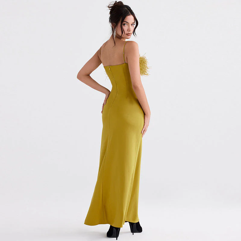 Glossy Satin Solid Color Faux Feather Slip Evening Maxi Dress - Green - Image 3