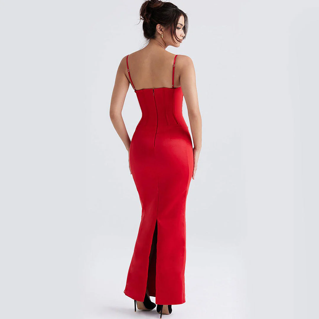 Glossy Satin Solid Color Sleeveless Corset Evening Maxi Dress - Red - Image 3