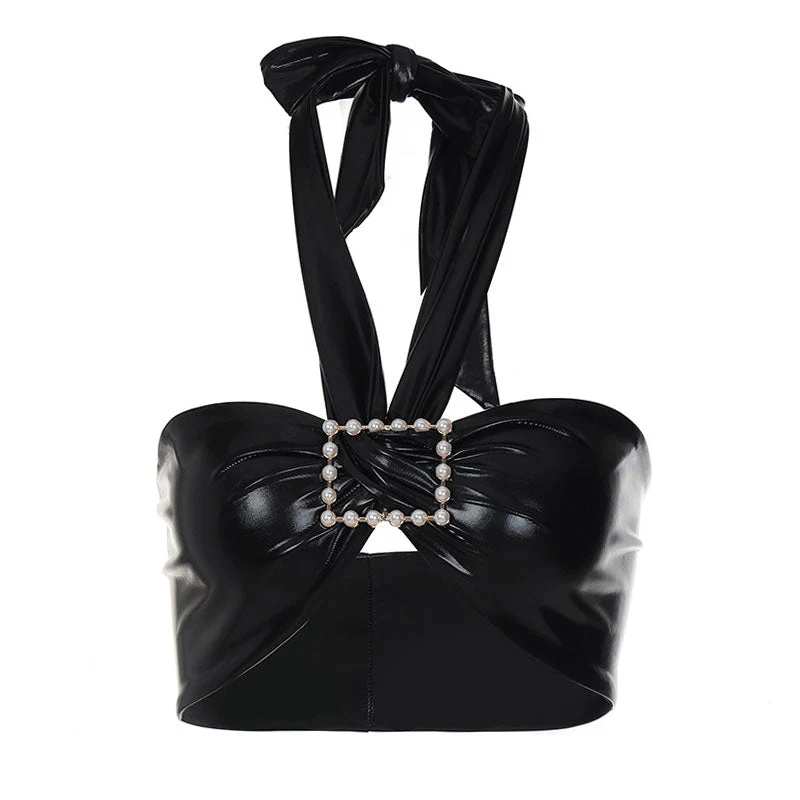 Glossy Solid Color Pearl Detail Buckle Trim Halter Crop Top - Black - Image 2