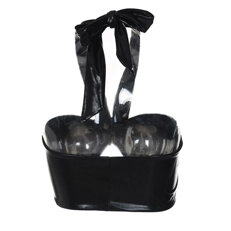 Glossy Solid Color Pearl Detail Buckle Trim Halter Crop Top - Black - Image 3