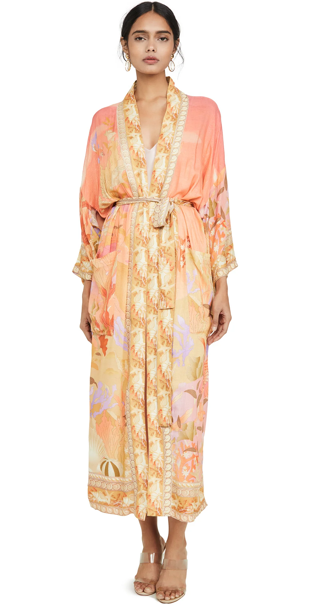 Floral Partywear Cotton Silk Kimono Orange Color Cotton Long Length Gown Robe Kimono - Image 3