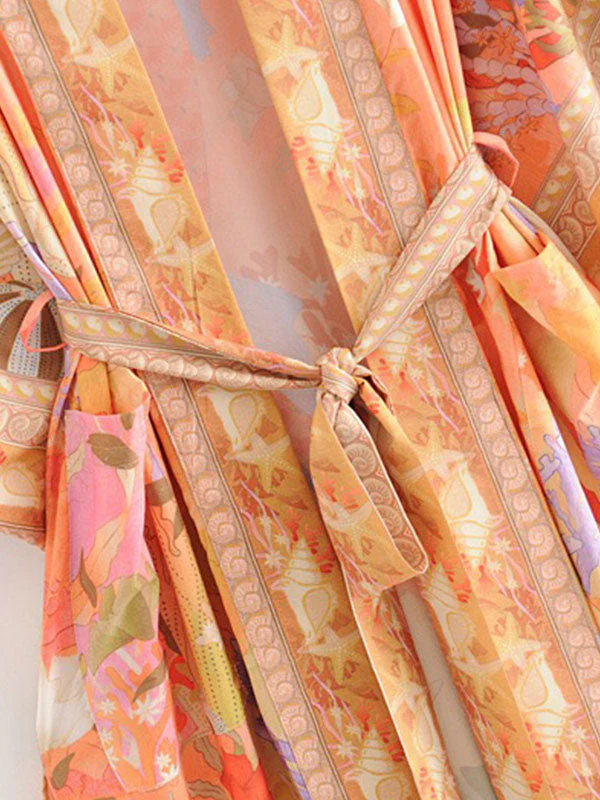 Floral Partywear Cotton Silk Kimono Orange Color Cotton Long Length Gown Robe Kimono - Image 5