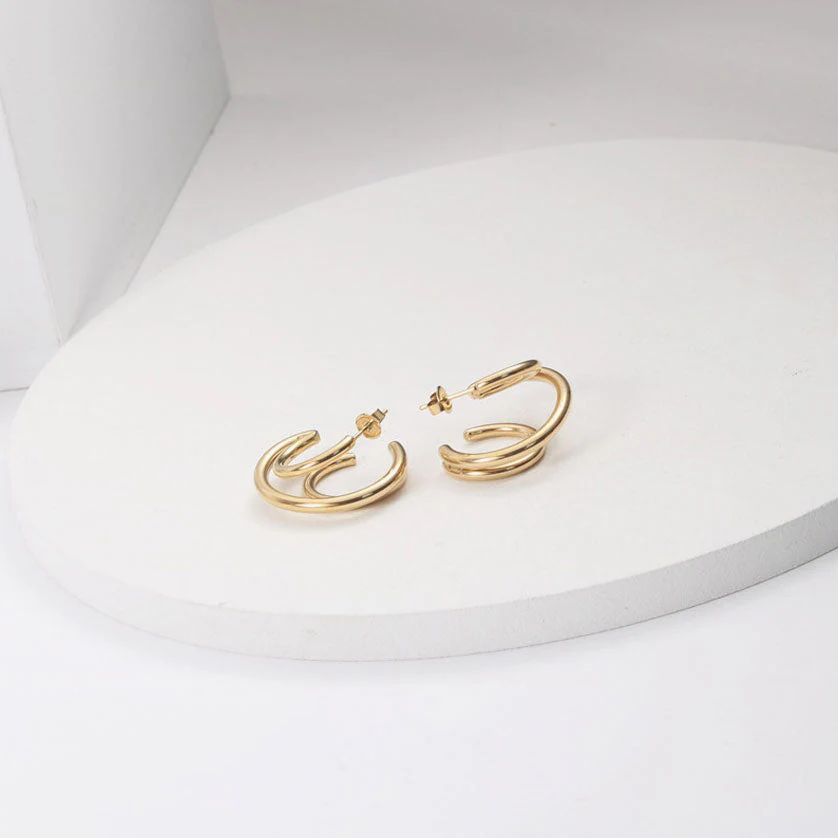 Glossy Gold Tone Plated Triple Circle Double Hoop Earrings - Gold - Image 2