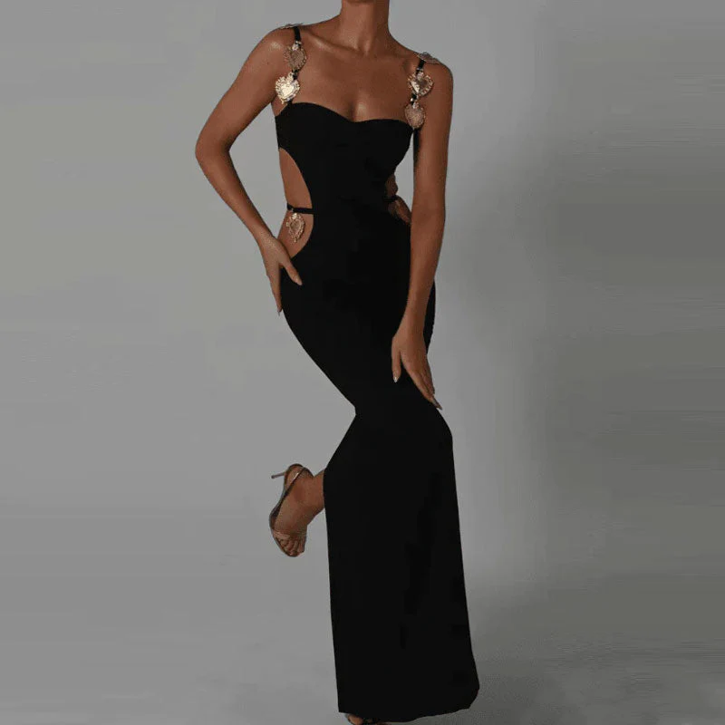Gold Tone Metal Detail Sweetheart Side CutOut Back Slit Bandage Maxi Dress - Black - Image 4