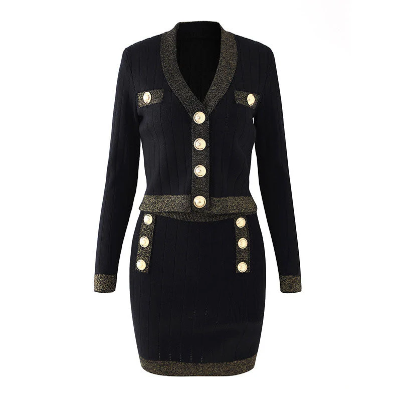 Gold Tone Trim Button Detail V Neck Long Sleeve Fitted Knit Matching Set - Black - Image 3