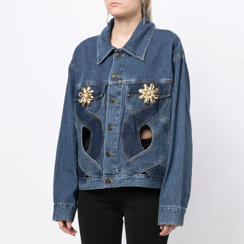 Golden FLower Corsage Contrast CutOut Heart Patchwork Button Up Denim Jacket