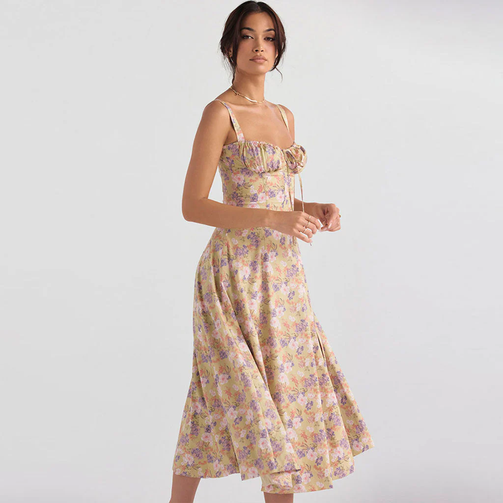 Gorgeous Floral Printed Lace Up Back Tie String Slit Midi Sundress - Green - Image 3