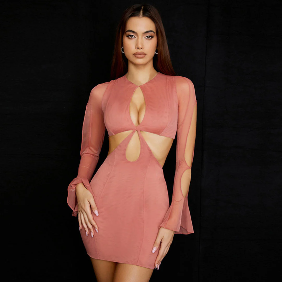 Gorgeous Round Neck Long Sleeve Cut Out Bodycon Mini Dress - Coral Pink - Image 3