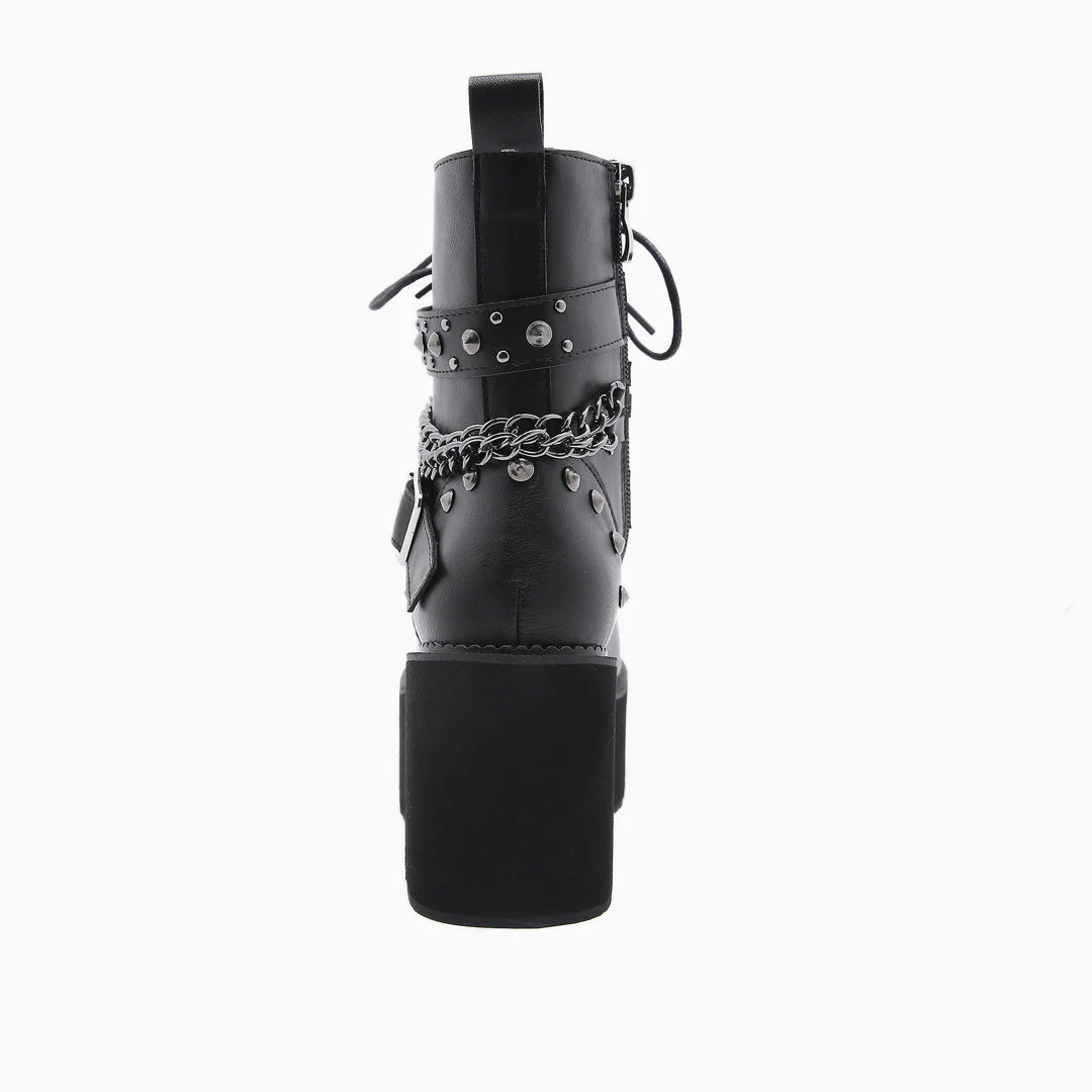 Gothic Punk Studs Buckle Strap Chain-Link Platform Boots - Black - Image 3