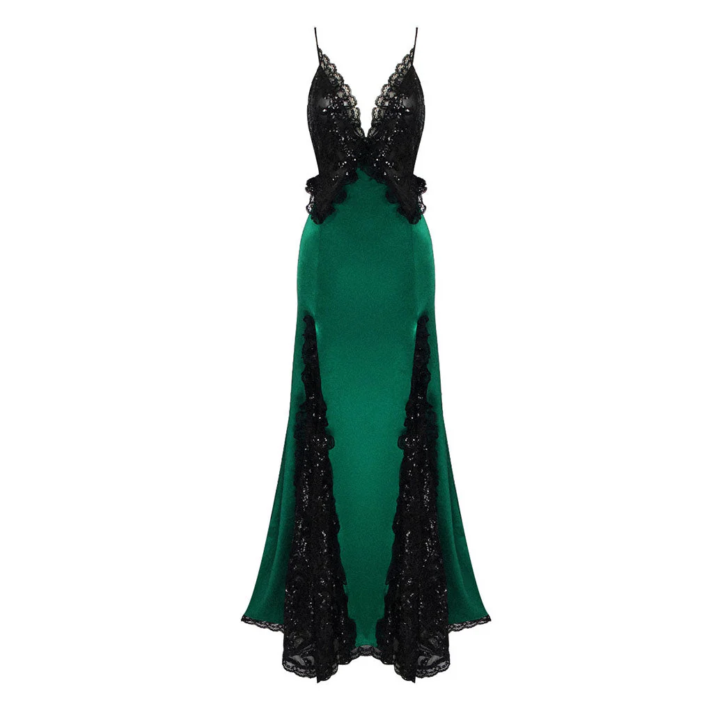 Gothic Queen Plunge Sequined Lace Panel Silky Satin Maxi Fishtail Evening Dress - Image 6