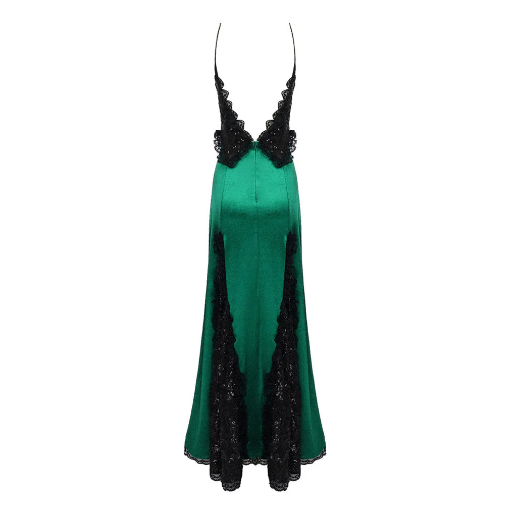 Gothic Queen Plunge Sequined Lace Panel Silky Satin Maxi Fishtail Evening Dress - Image 7