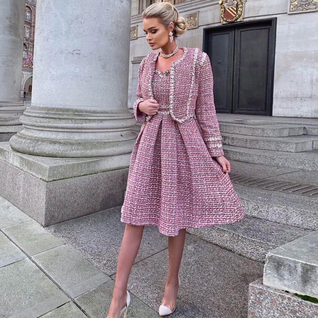 Graceful Beaded Embellished Tweed Blazer Matching Set - Pink - Image 3