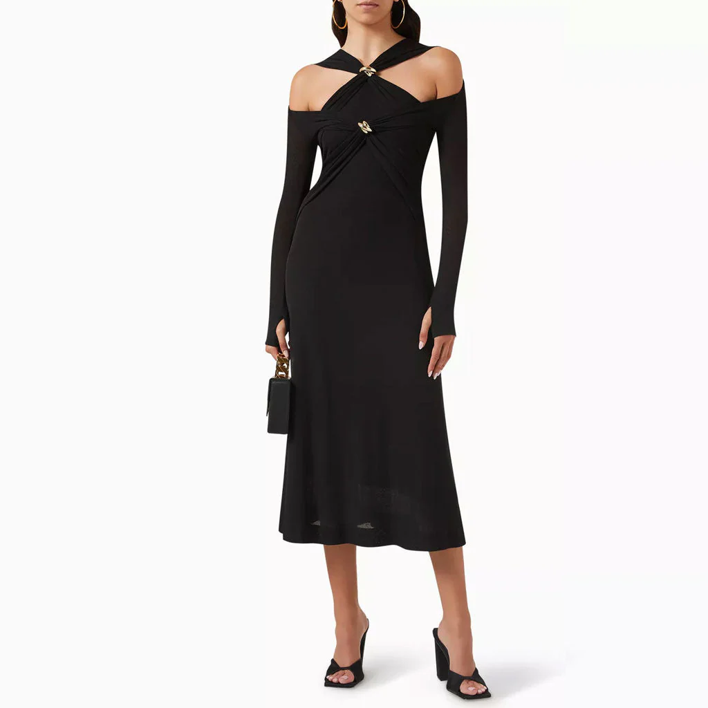 Graceful Metallic Accent V Neck Ruched CutOut Long Sleeve Sweater Midi Dress - Image 2