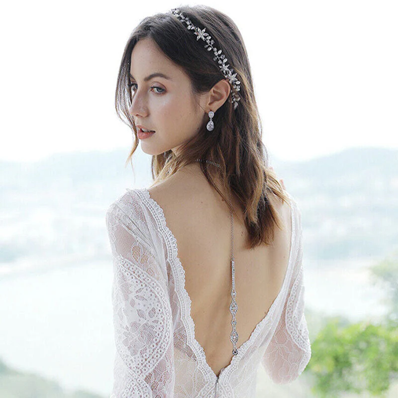 Graceful Rhinestone Embellished Bridal Backdrop NeckLace - Silver - Image 3