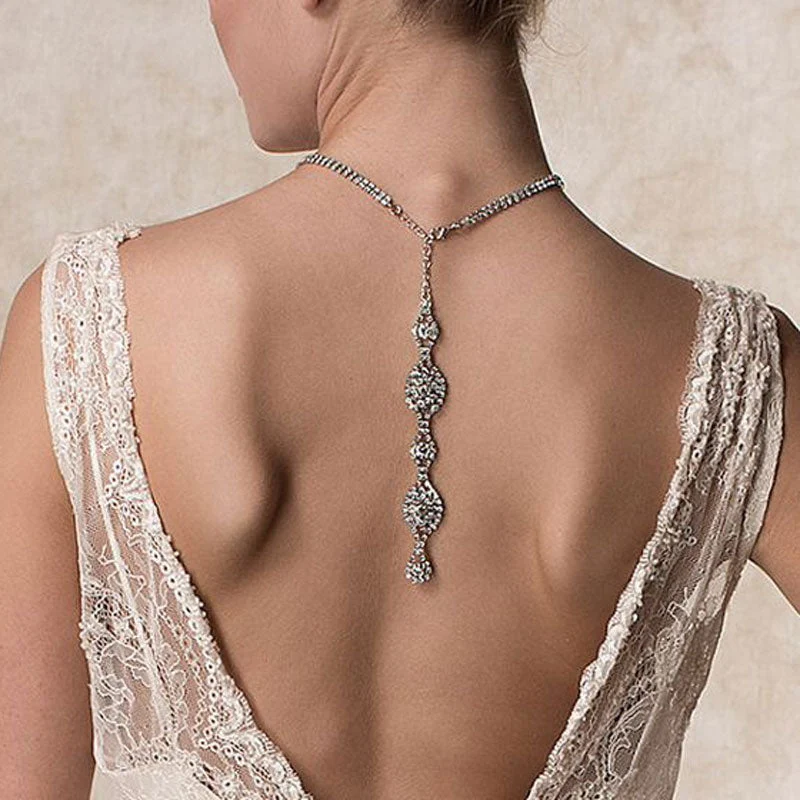 Graceful Rhinestone Embellished Bridal Backdrop NeckLace - Silver - Image 5
