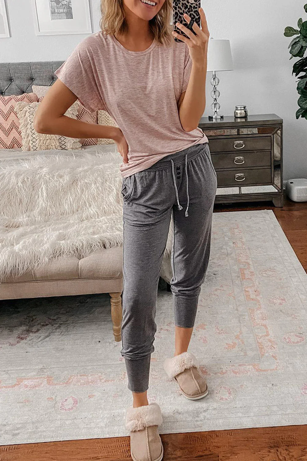 Gray Buttoned Drawstring High Waist Jogger Pants - Image 4