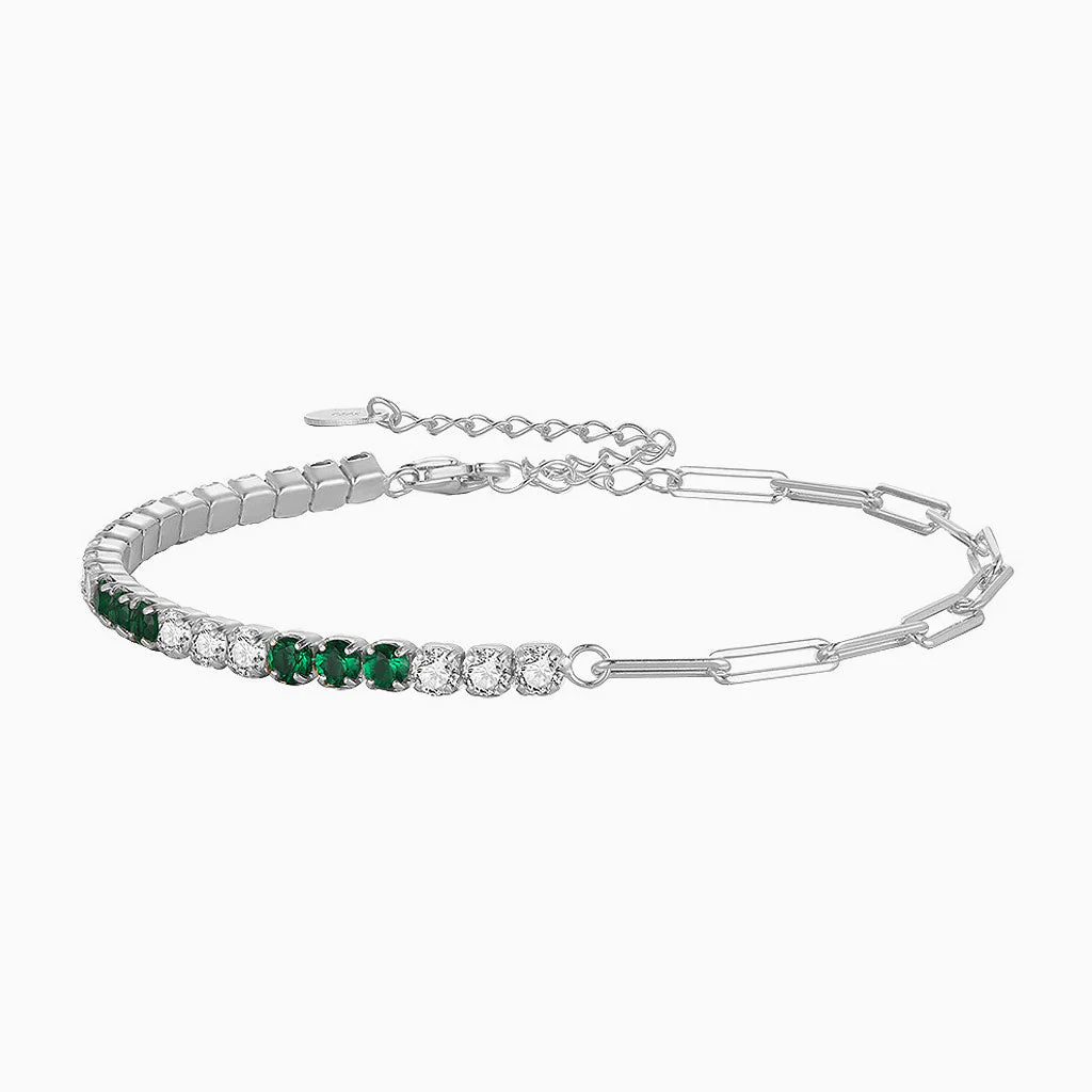 Green and White Cubic Zirconia Sterling Silver Paperclip Half Tennis Bracelet - Image 2