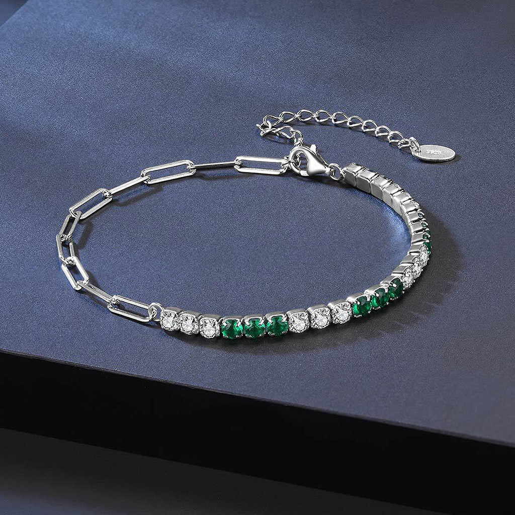 Green and White Cubic Zirconia Sterling Silver Paperclip Half Tennis Bracelet - Image 4