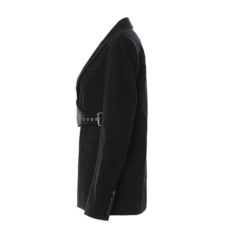 Grunge Deconstructed Lapel Collar Zipper Up Vegan Leather Belted Blazer - Image 2