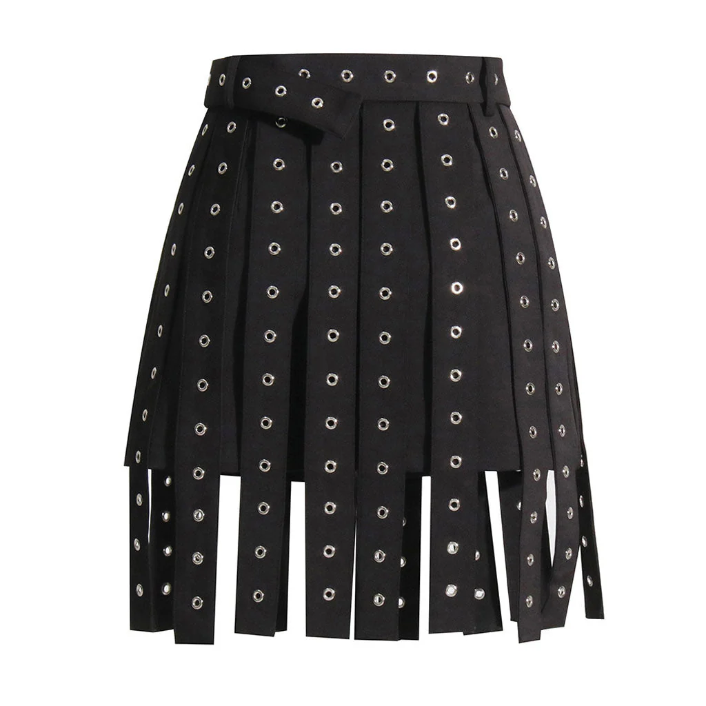 Grunge Solid Grommet Eyelet Strappy Buckle Belted A Line Skirt - Image 2