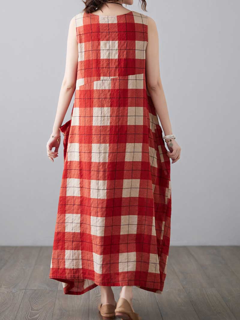 H-line Loose Retro Style Plaid Print Cotton Dress - Image 2