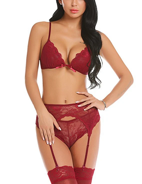 Halter Backless Crochet Lace 3Pcs Lingerie Set