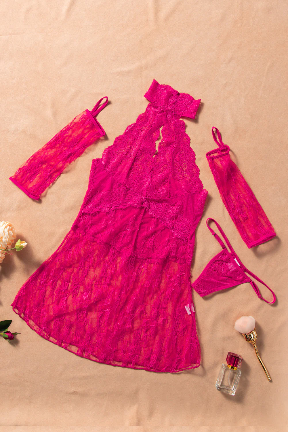 Halter Neck Backless Lace Babydoll With Thong And Gloves - Image 7