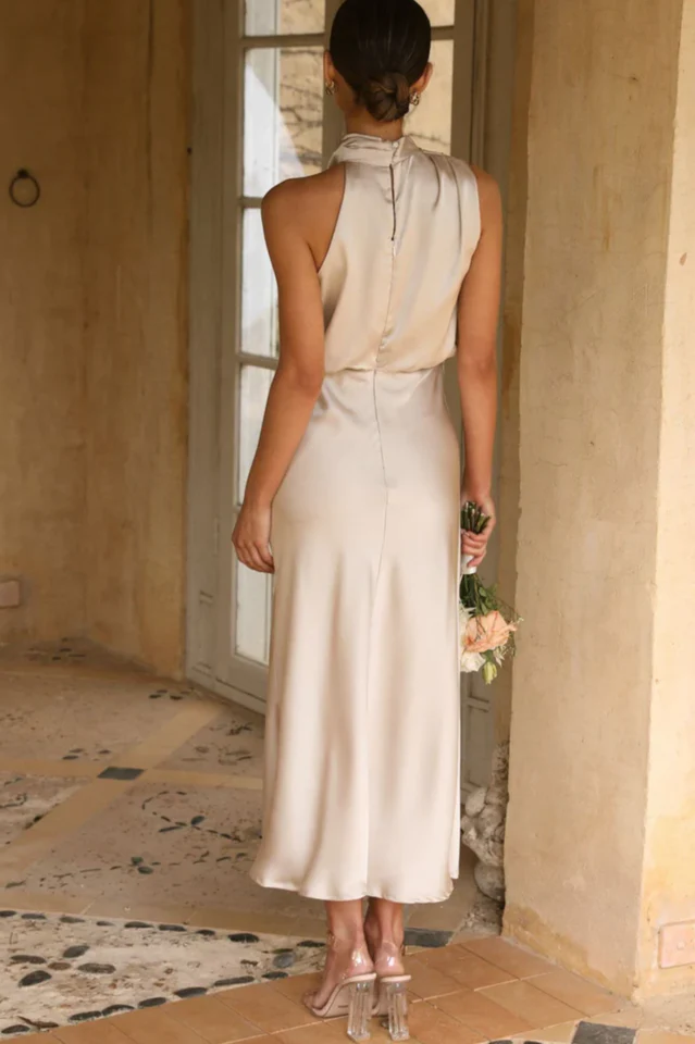 Halter Sleeveless Satin Bridesmaid Dress - Image 4