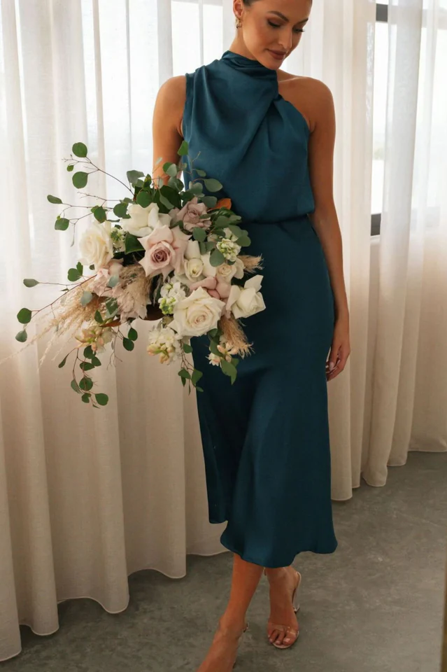 Halter Sleeveless Satin Bridesmaid Dress - Image 29