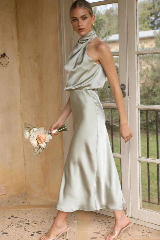 Halter Sleeveless Satin Bridesmaid Dress - Image 3