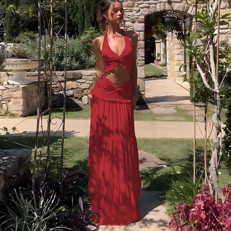Halter Strap Twisted Maxi Skirt Set - Image 11