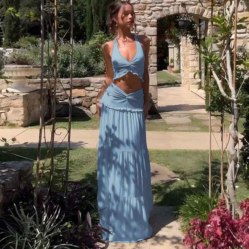 Halter Strap Twisted Maxi Skirt Set - Image 4