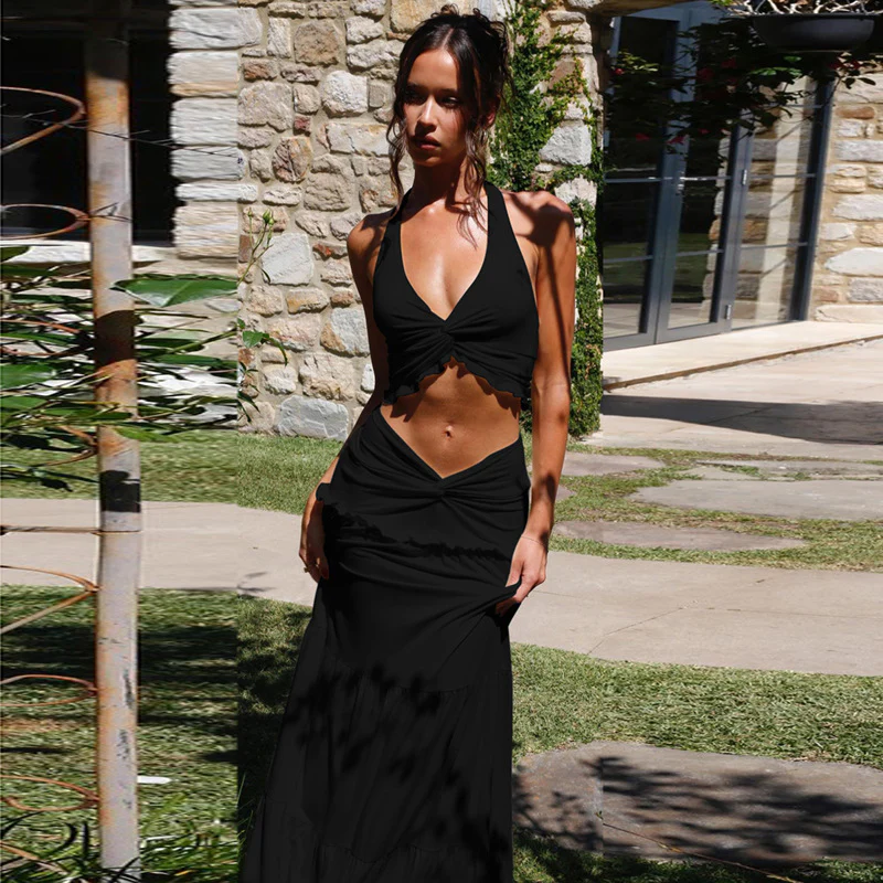 Halter Strap Twisted Maxi Skirt Set - Image 9