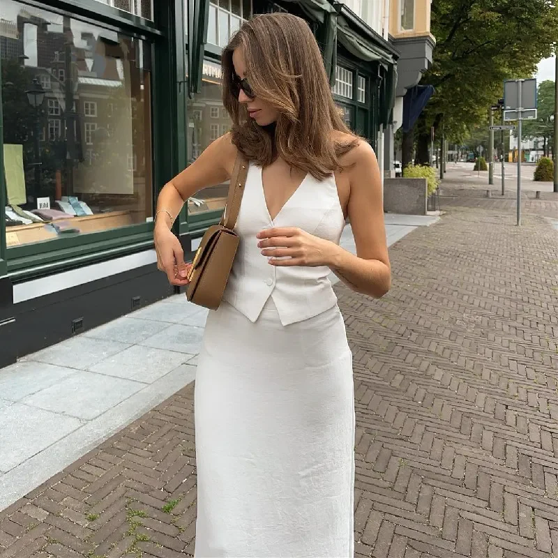 WHITE HALTER TANK TOP MAXI Skirt SET - Image 3