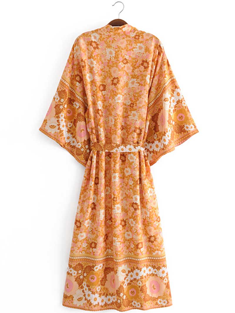 Bride to Be Floral Print Orange Color Cotton Long Gown Kimono Duster Robe - Image 2